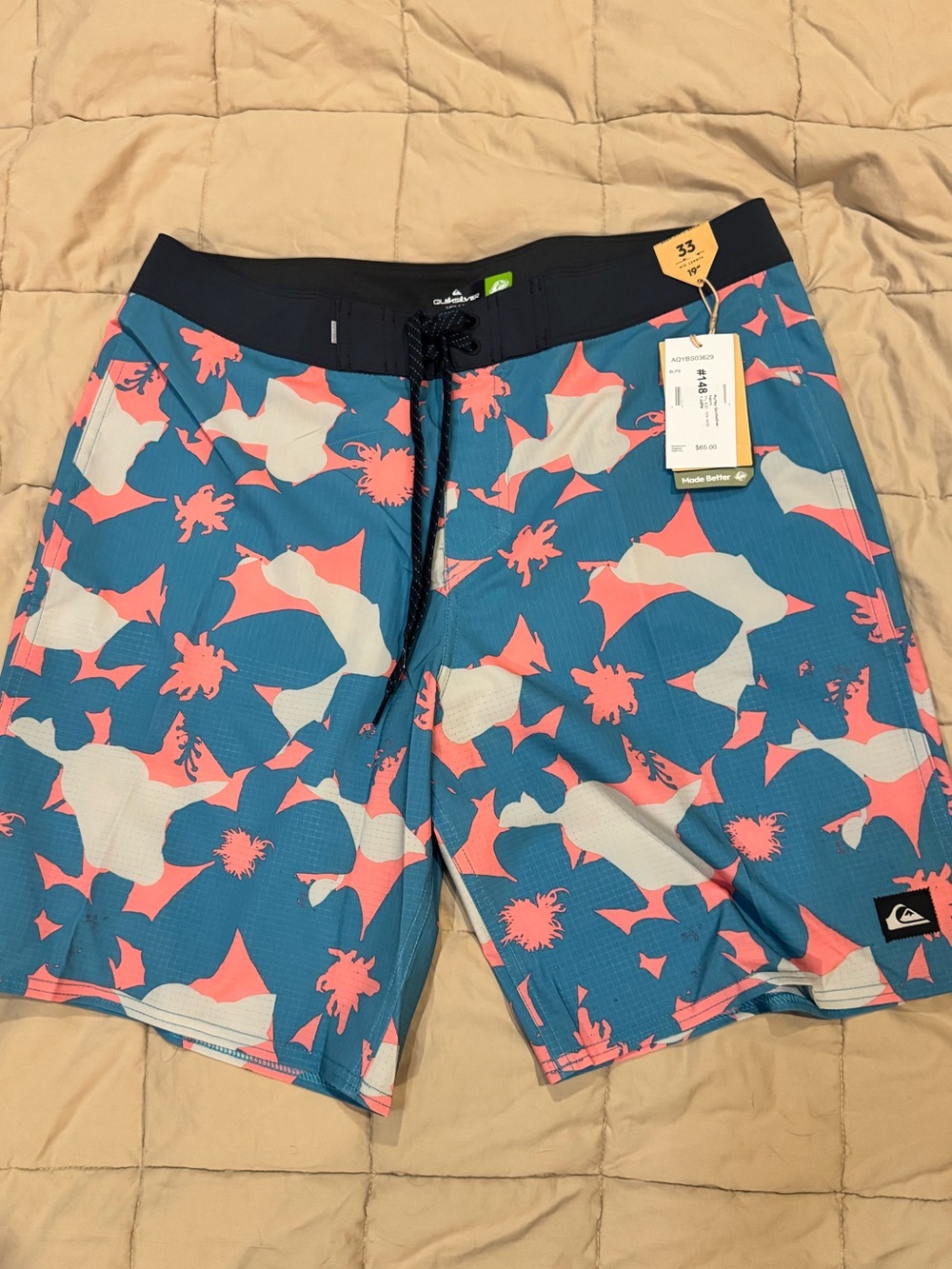 Quiksilver Teal Boardshorts with Pink & White Tropical Print
